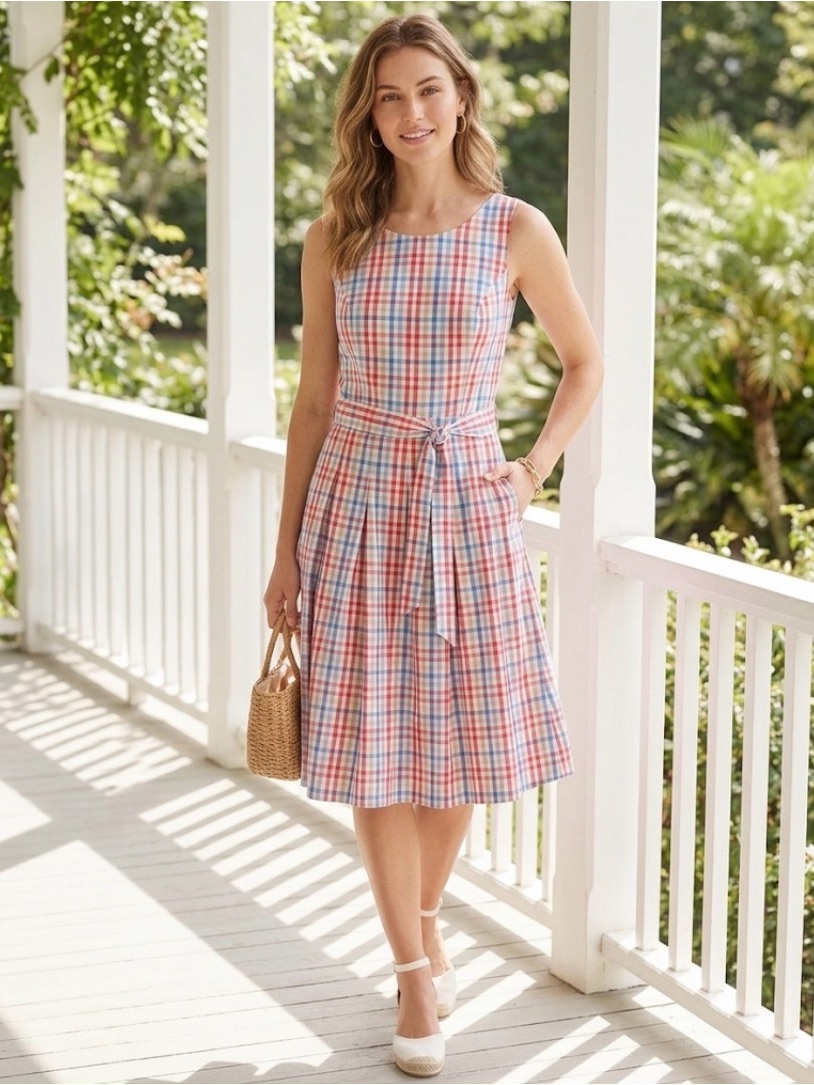 Nwt Tommy Hilfiger Red Blue Beige Plaid Sleeveless Dress Size 4 Belted Preppy